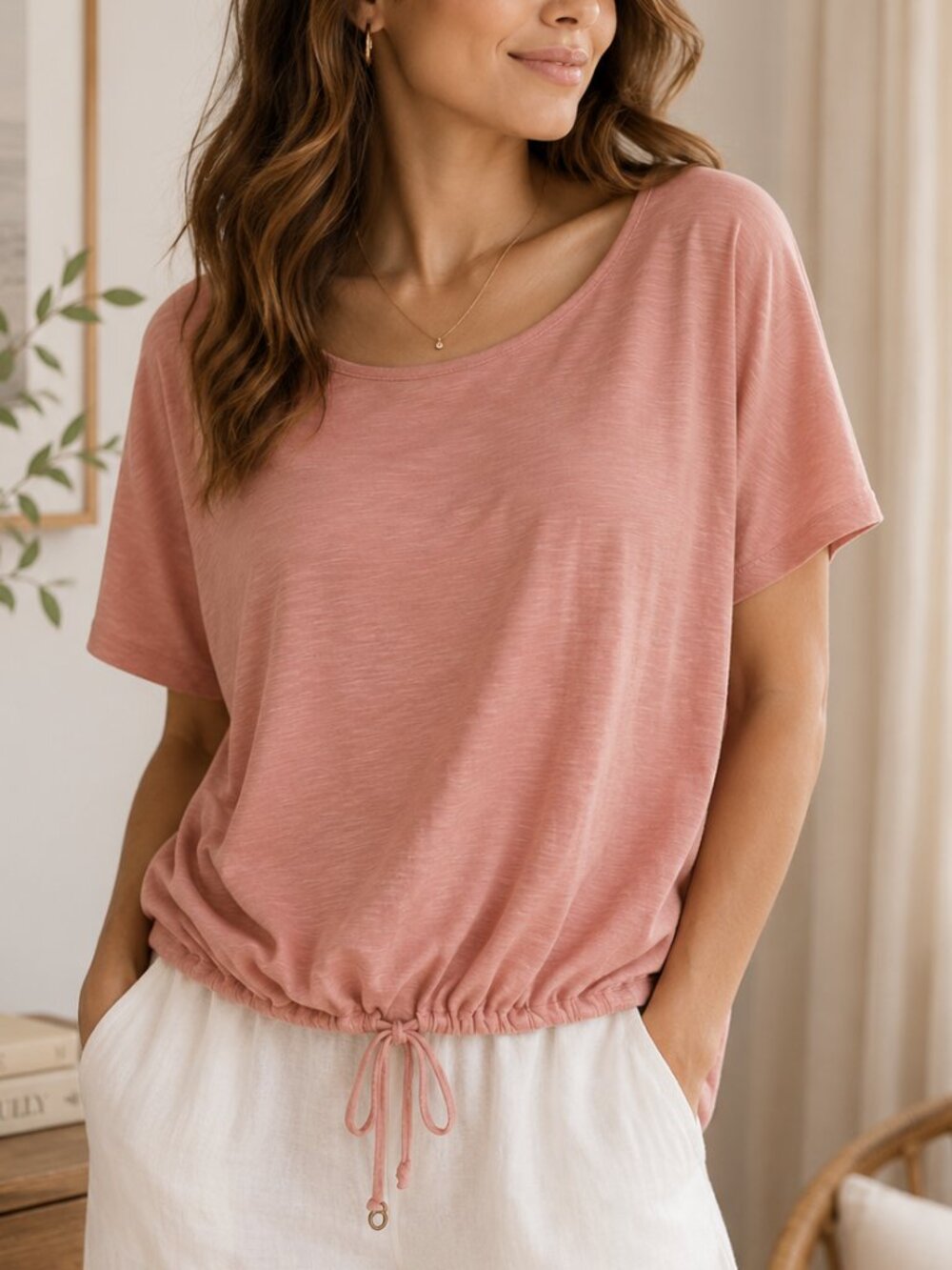 Garnet Hill Organic Cotton TENCEL Drawstring Hem Top Pink XS